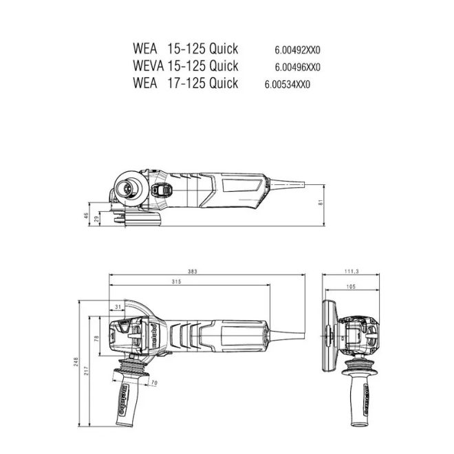 Metabo sarokcsiszoló 125mm 1700W 11000/min 3,7Nm, WEV 17-125 Quick, VibraTech (MVT) markolattal, 600516000