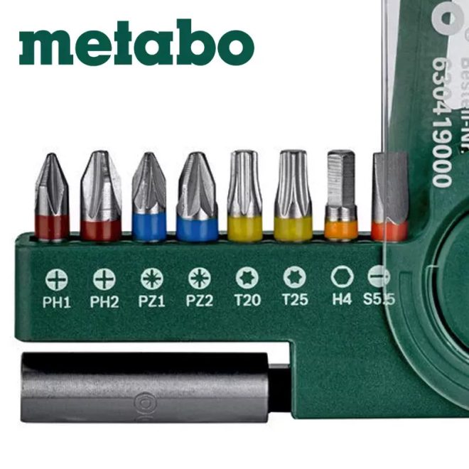 Metabo bitkészlet 9 részes PH1/PH2/PZ1/PZ2/H4/T20/T25/SL5,5, mágneses bittartóval, 630419000