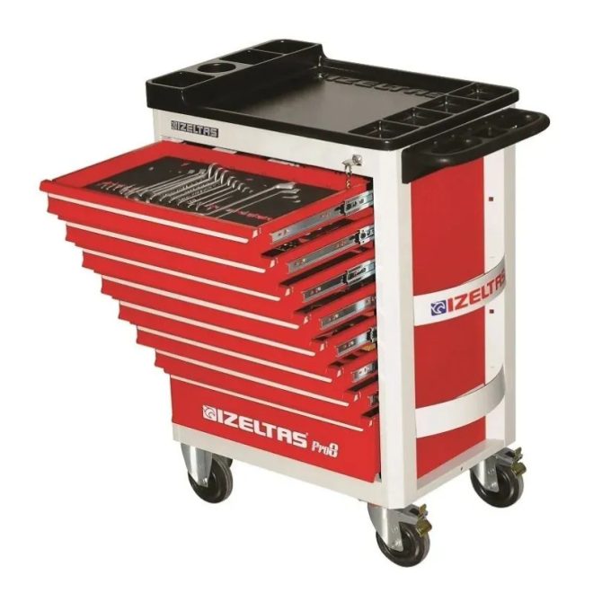 Izeltas PRO Széria műhely kocsi teljes, 8 fiók, 206 db, piros, 8241 00 1209