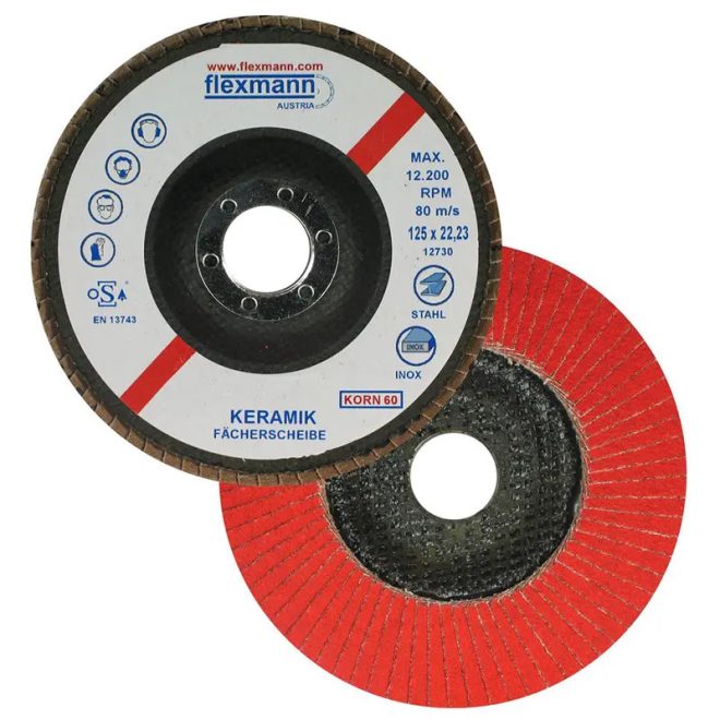 Flexmann lamellás csiszolókorong 125x22,2mm, K60, 100% kerámia, kúpos, fém-inox, VE-3012