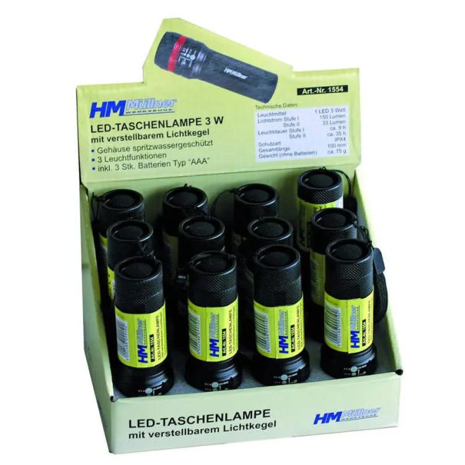 HM Müllner LED zseblámpa, 3W Zoom funkcióval 100x33mm, 3db AAA elemmel, 1554