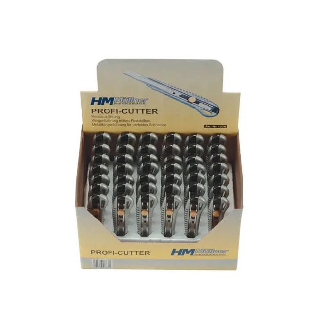 HM Müllner tapétavágó, törhető pengés kés 9mm, fém markolat, fém pengevezető rögzítőcsavarral, 123A