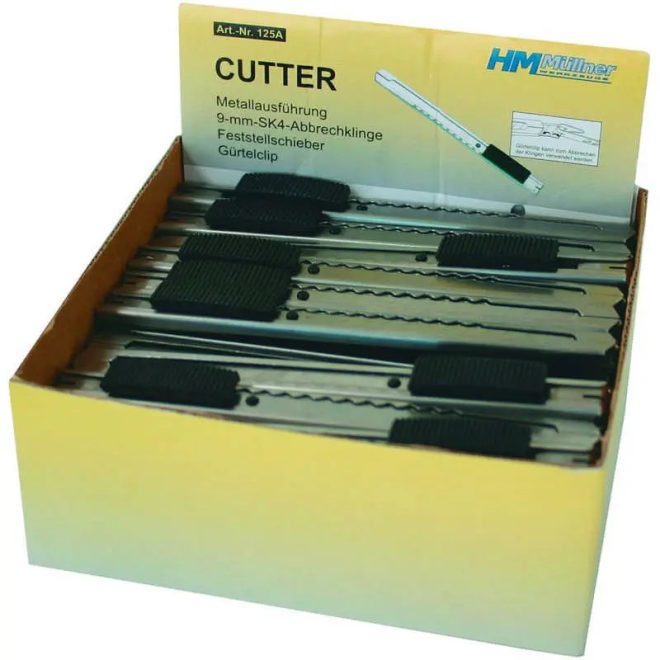 HM Müllner tapétavágó, törhető pengés kés 9mm, fém markolat, penge fémvezetője reteszelő tolózárral, 125A
