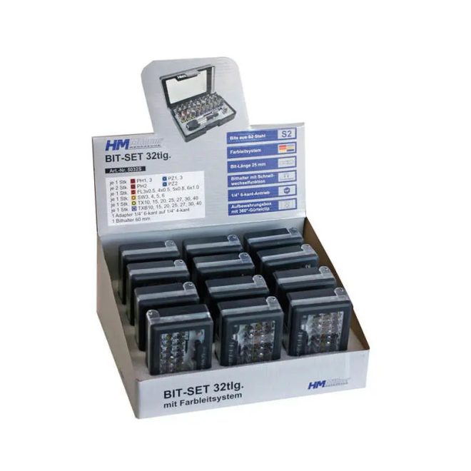 HM Müllner bitkészlet 32 részes PZ/PH/FL/SW/TX/TXB, adapter 1/4" hatszög és 1/4" négyzet 60 mm-es bittartó gyorsváltó tokmánnyal, 5032S