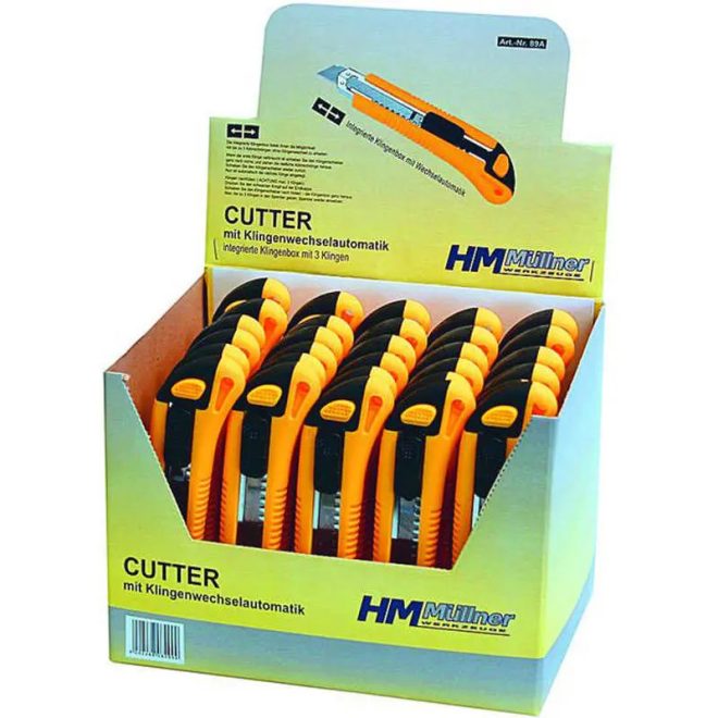 HM Müllner tapétavágó, törhető pengés kés 18mm, műanyag ház, 3 pengés, Automatik, 89A