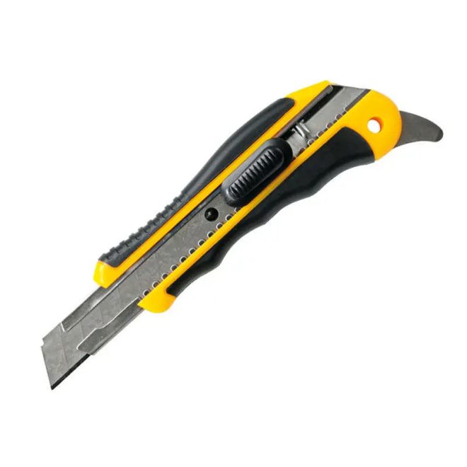 HM Müllner tapétavágó, törhető pengés kés 18mm, műanyag ház, penge fémvezetője reteszelő tolózárral, fém pengével a fogantyú végén, 92A