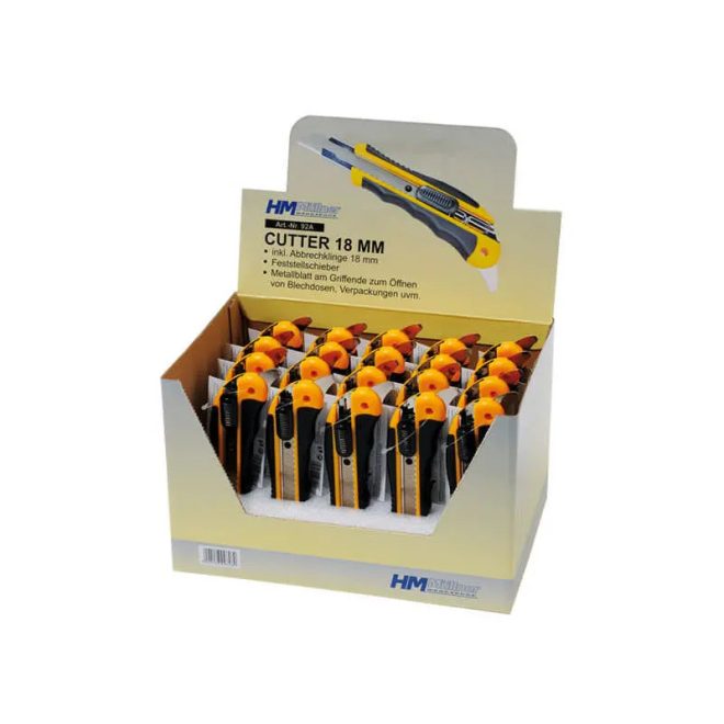 HM Müllner tapétavágó, törhető pengés kés 18mm, műanyag ház, penge fémvezetője reteszelő tolózárral, fém pengével a fogantyú végén, 92A