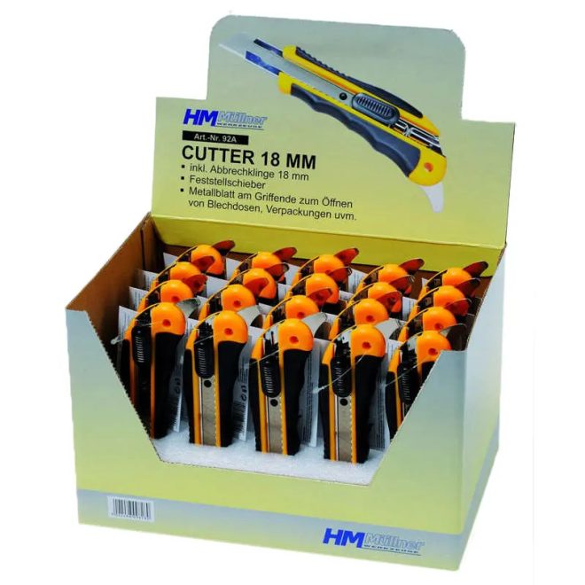 HM Müllner tapétavágó, törhető pengés kés 18mm, műanyag ház, penge fémvezetője reteszelő tolózárral, fém pengével a fogantyú végén, 92A