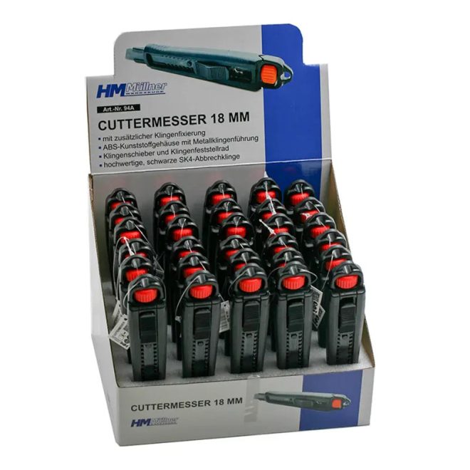 HM Müllner tapétavágó, törhető fekete pengés kés 18mm, műanyag ház, penge rögzítő kerékkel, 94A