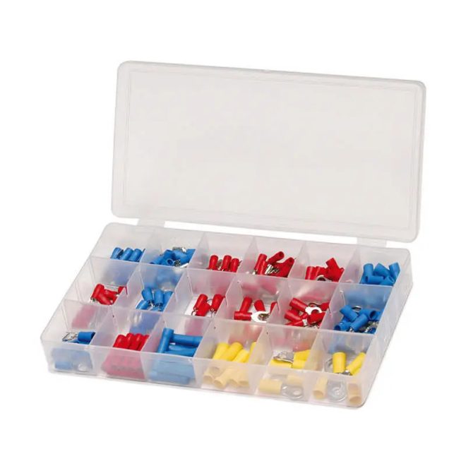 HM Müllner kábelsaru készlet 200db/szorti doboz: 0,50-1,00mm2-piros/1,50-2,50mm2-kék/4,00-6,00mm2-sá, BOX-KS200