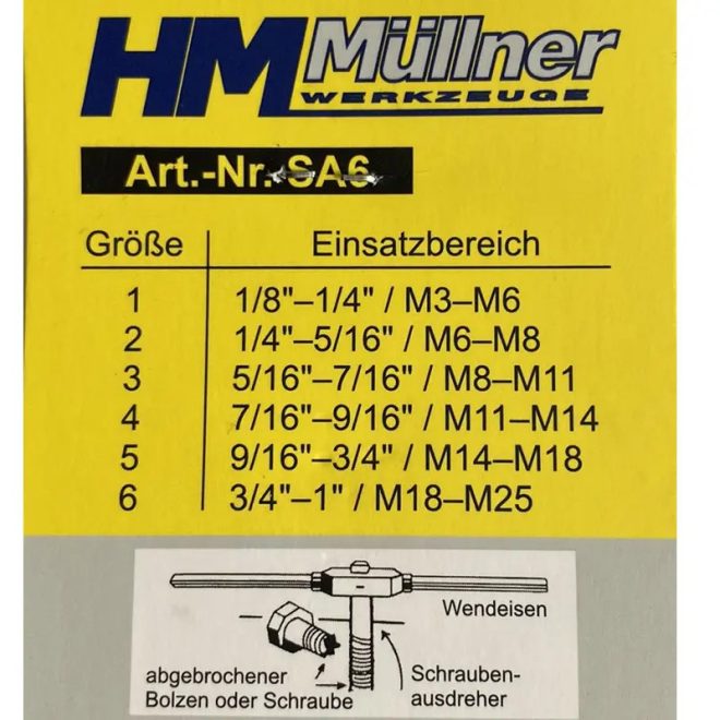 HM Müllner törtcsavar kiszedő készlet 6 részes, CrV (M3-6, M6-8, M8-11, M11-14, M14-18, M18-25mm), SA6