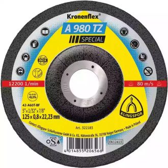   Klingspor vágókorong 125x0,8x22,2mm domborított-A 980 TZ SPECIAL-inox,acél,színes fém, műanyag boxban, 322183
