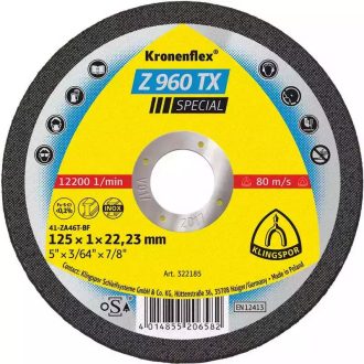   Klingspor vágókorong 115x1,0x22,2mm egyenes-K 960 TX SPECIAL-acél,inox,maga.ötv.fém,szénacél,titán, műanyag boxban, 328885