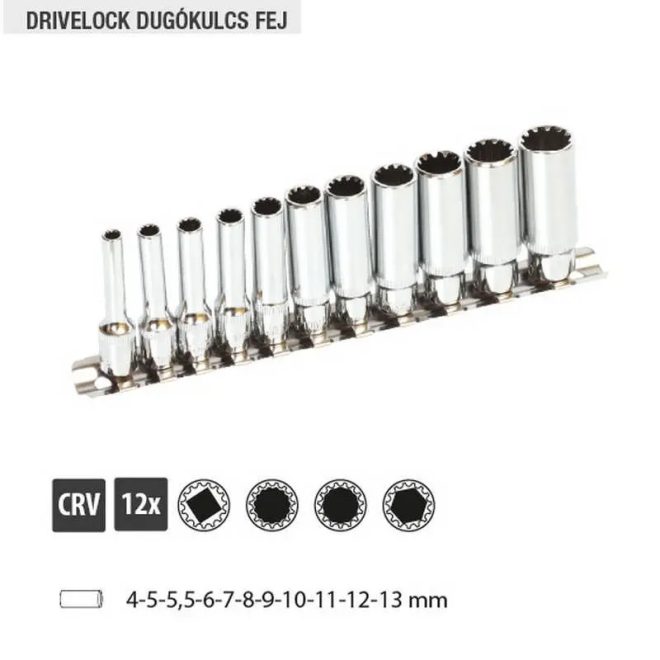 Lev dugókulcs készlet 4-13mm, 1/4", 12 részes, Drivelock, CrV, 17250
