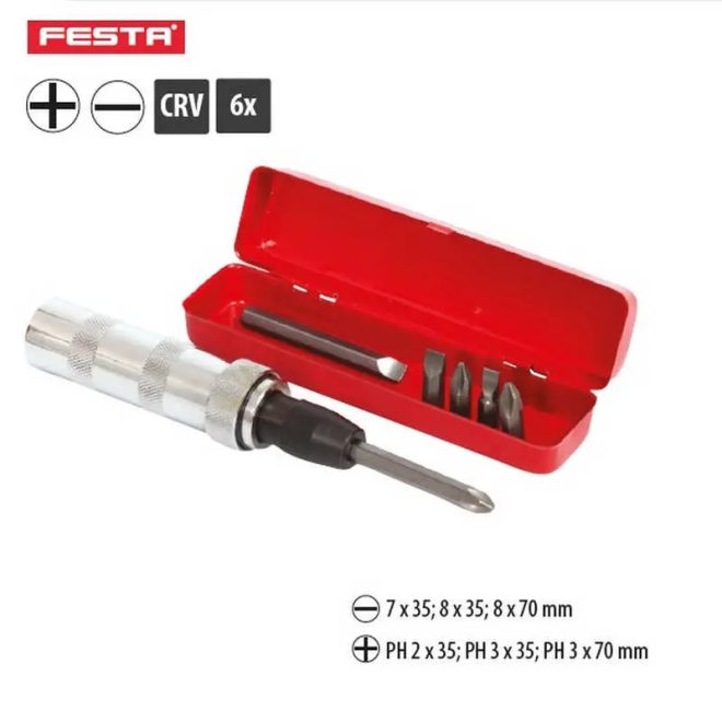 Lev Festa csavarhúzó készlet 6db bitfejjel, FL, PH, CrV, 18411