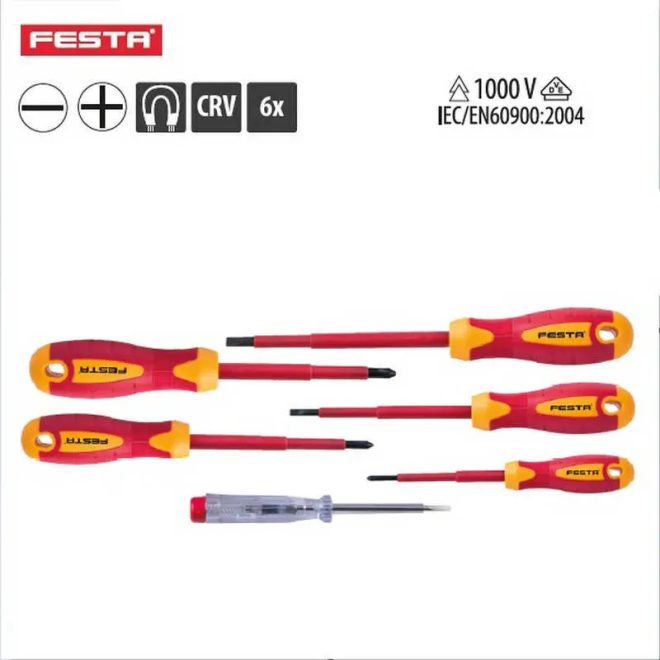 Lev Festa csavarhúzó készlet 6 részes, FL, PH, mágneses, szigetelt, 1000V, CrV, fázisceruzával, 18413