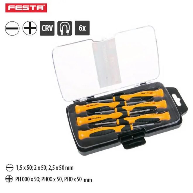 Lev Festa órás, műszerész csavarhúzó készlet 6 részes, FL, PHx50mm mágneses, CrV, 18416