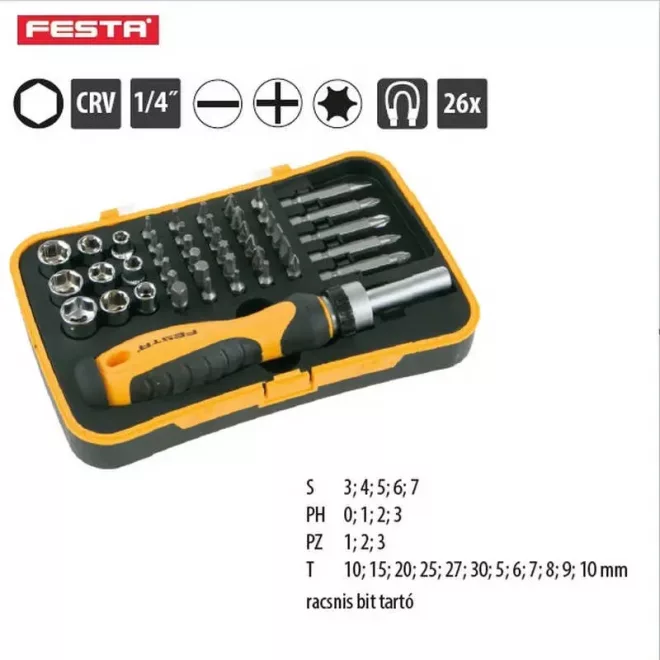 Lev Festa bit csavarhúzó készlet 45 részes, FL, PH, PZ, H, T, SQ, 1/4˝ mágneses, CrV, 18419