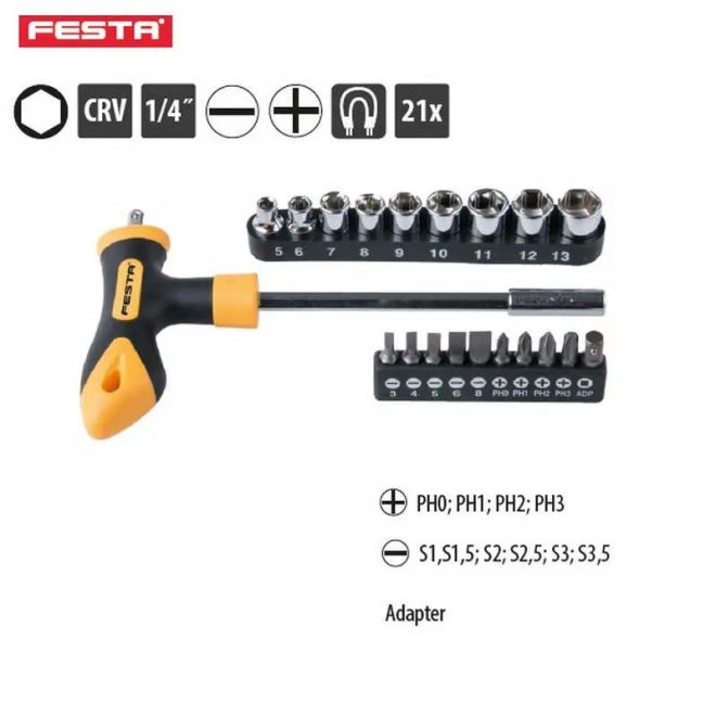 Lev Festa T-csavarhúzó készlet 20 részes, FL, PH, 1/4˝ mágneses, CrV, 18420