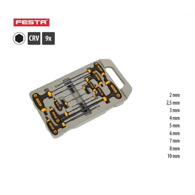 Lev Festa T-csavarhúzó imbusz készlet, 9 részes, hatlapú, 2, 2.5, 3, 4, 5, 6, 7, 8, 10mm, CrV, műanyag dobozban, 18494