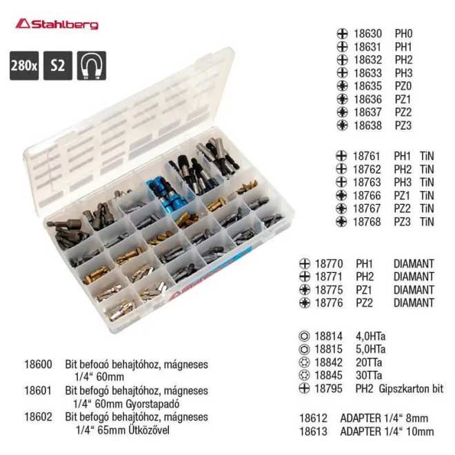 Lev bit és adapter készlet 280 részes (28 féle/10db), S2, mágneses, műanyag dobozban, 18993