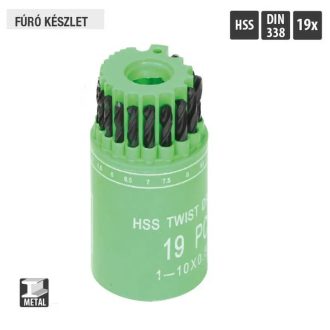   Lev fúrószár, fémcsigafúró készlet DIN 338 HSS 1,00- 10,00mm, 19 részes, hengerelt, fém, 20315