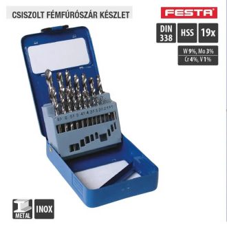   Lev Festa fúrószár, fémcsigafúró készlet DIN 338 SHSS 1,00- 10,00mm, 19 részes, csiszolt, fém-inox, 20334