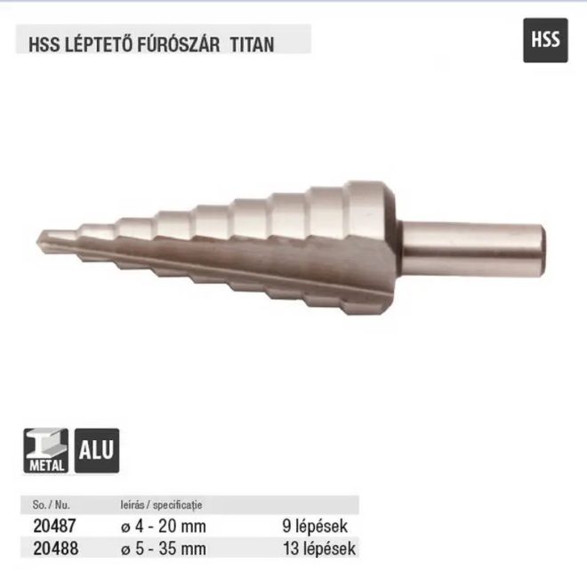 Lev léptető fúrószár DIN 1412C HSS 4-20mm 9 lépcsős, ALU, fém, műanyag, 20487