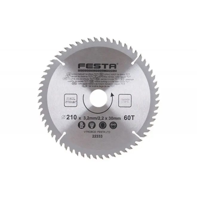 Lev Festa TCT körfűrész tárcsa, körfűrészlap 210x30mm, Z60, fához, Vídia lappal, 22333