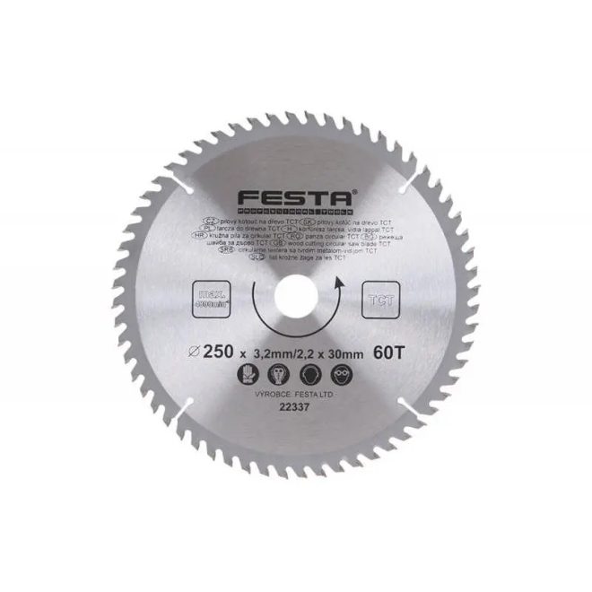 Lev Festa TCT körfűrész tárcsa, körfűrészlap 250x30mm, T60, fához, Vídia lappal, 2 db szűkítő gyűrűvel, 22337