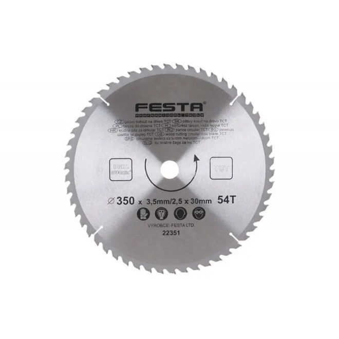 Lev Festa TCT körfűrész tárcsa, körfűrészlap 350x3,2mm/2,5mm x 30mm, Z54, fához, Vídia lappal, 2 db szűkítő gyűrűvel, 22351