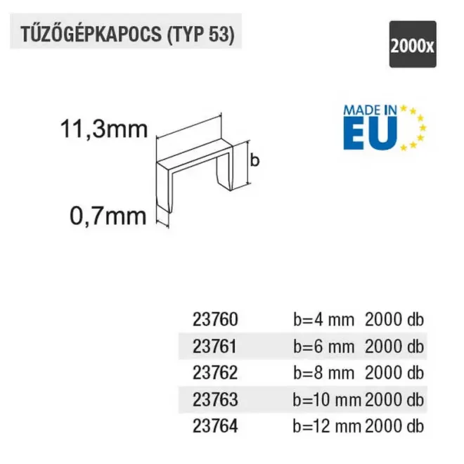 Lev tűzőkapocs 53- 0,7x11,3x8mm, 2000db/doboz, 23762