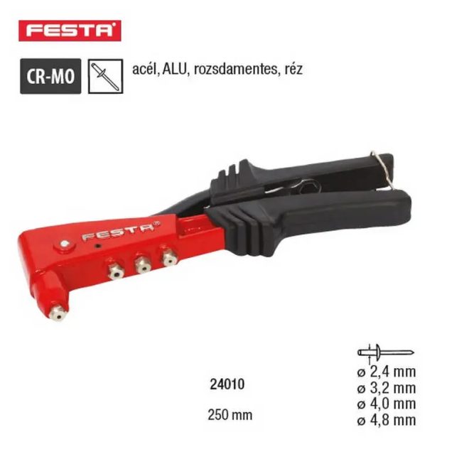 Lev Festa popszegecshúzó, szegecselő fogó 2,4-4,8mm, 250mm, fordítható fejjel, acél, inox, Alu, réz, 24010