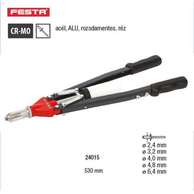 Lev Festa popszegecshúzó, szegecselő fogó karos 2,4-6,4mm, 530mm, acél, inox, Alu, réz, 24015