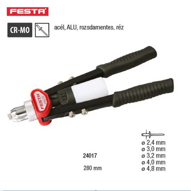 Lev Festa popszegecshúzó, szegecselő fogó karos 2,4-4,8mm, 280mm, acél, inox, Alu, réz, 24017