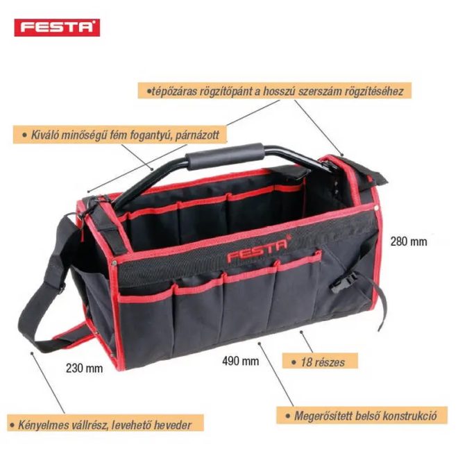 Lev Festa szerszámtartó táska fém fogantyú, 18 részes, 280x490x230mm, 37331
