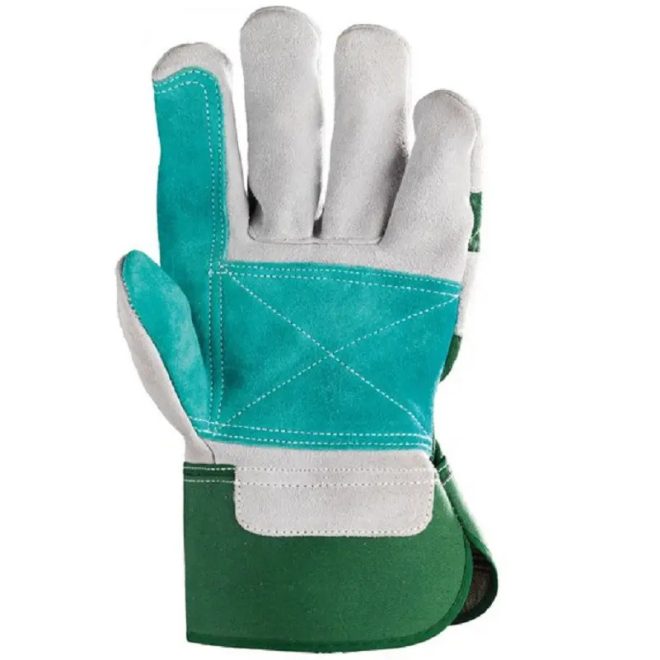 MV bőrkesztyű, rakodókesztyű, szürke hasíték, dupla bőr tenyér/zöld vászon 10, 154