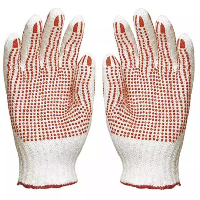 MV kötött PES/pamut fehér cérnakesztyű, két oldalon piros pettyek 8, 4350