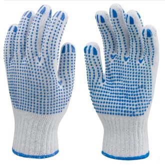   MV kötött PES/pamut fehér cérnakesztyű, két oldalon kék pettyek 9, 4355