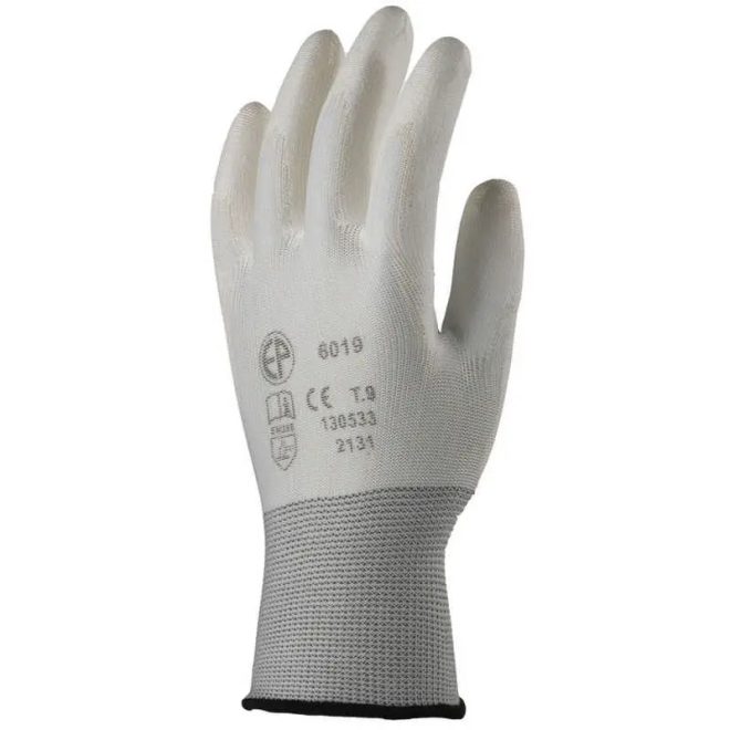 MV fehér precíziós/szerelő poliészter kesztyű, PU mártott tenyérrel 9, 6019