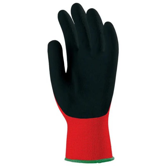 MV kesztyű mártott fekete latex, piros textil kézháttal 7, GAN1LACI07