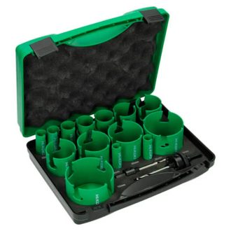   Hikoki lyukfűrész, körkivágó készlet 16db-os 19/20/22/25/29/35/38/44/51/54/60/65/76 mm, TCT keményfémlapkás, 754255