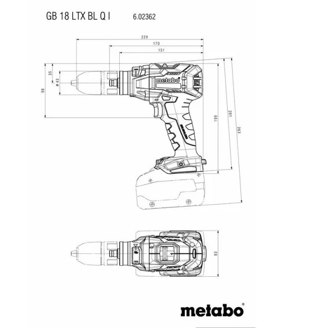 Metabo akkus 18V menetfúró, fúrócsavarozó 130Nm szénkefementes, Quick, GB 18 LTX BL Q I +2x5,5Ah LiHD akku+ ASC 145 töltő +metaBOX 145l, 602362660