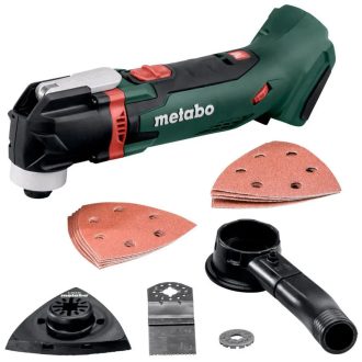   Metabo akkus 18V multiszerszám 1,6° 7000-18000/min MT 18 LTX 32mm HCS (fa) merülő fűrészlap +csiszolólapok +elszívó és multiadapter +metaBOX 145 L +akku és töltő nélkül, 613021840