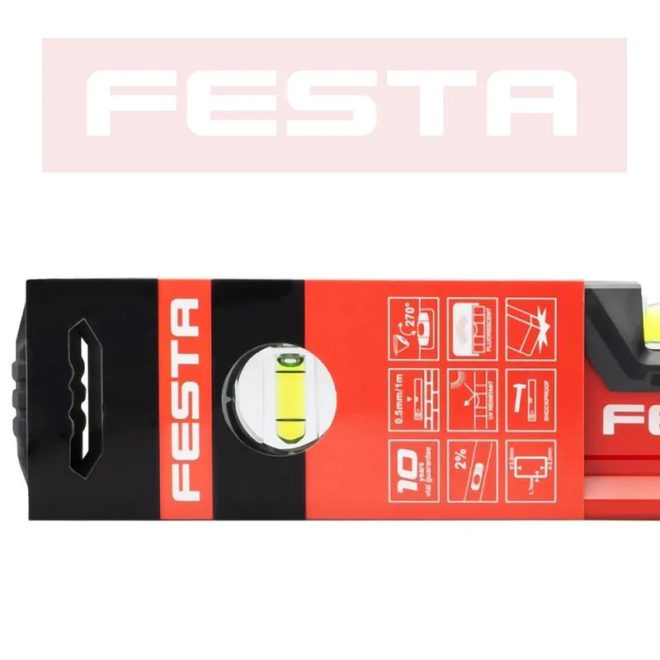 Lev Festa alumínium vízmérték 40cm, 3 libellás, ütésálló, pontosság 0,5mm/m, 15754