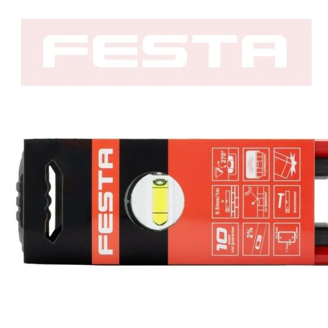 Lev Festa alumínium vízmérték 60cm, 3 libellás, ütésálló, pontosság 0,5mm/m, 15756