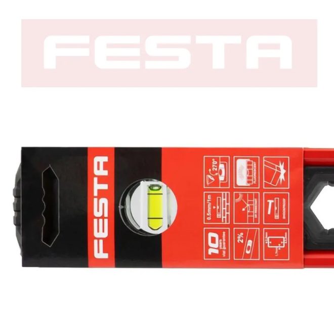 Lev Festa alumínium vízmérték 80cm, 3 libellás, ütésálló, pontosság 0,5mm/m, 15758