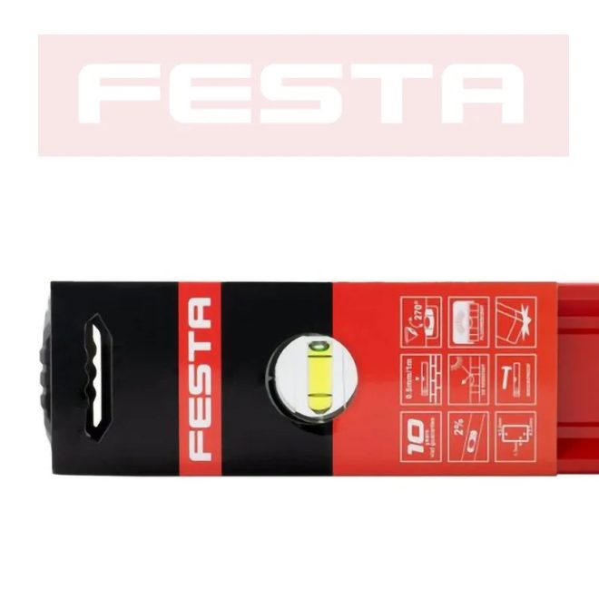 Lev Festa alumínium vízmérték 120cm, 3 libellás, ütésálló, pontosság 0,5mm/m, 15762