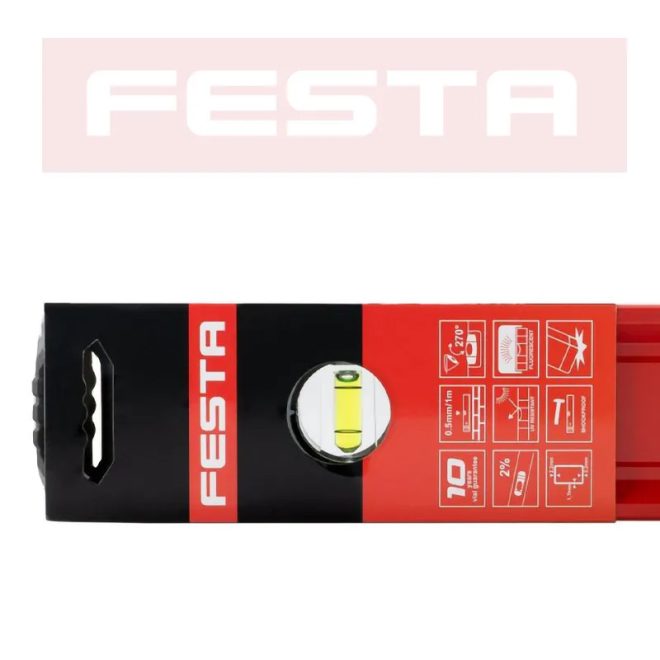 Lev Festa alumínium vízmérték 180cm, 3 libellás, ütésálló, pontosság 0,5mm/m (10db), 15768