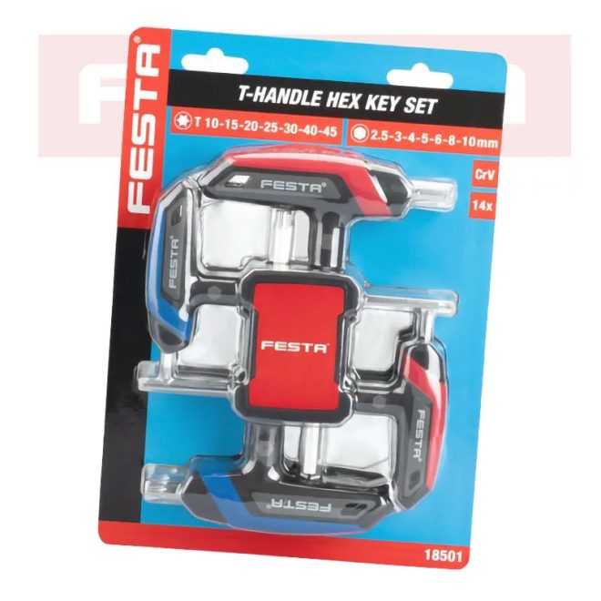 Lev Festa T-nyelű torx és imbuszkulcs készlet, 14 db-os, KÉK - TORX 10, 15, 20, 25, 30, 40, 45, PIROS - IMBUSZ 2,5, 3, 4, 5, 6, 8,10, CrV, 18501